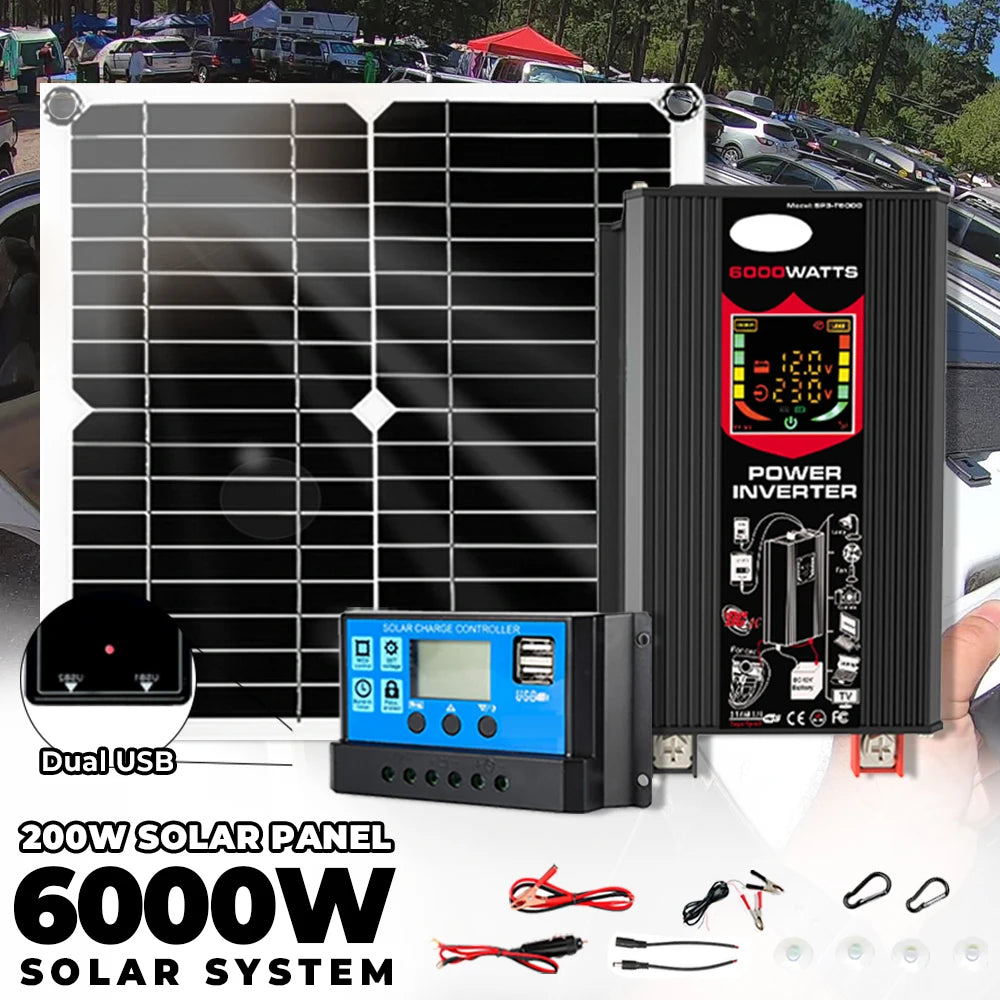 Off Grid Solar System for Home 6000W 220v Inverter 30A Controller 5V Solar Panel Full Set for House Camping For Car RV Zpaxo