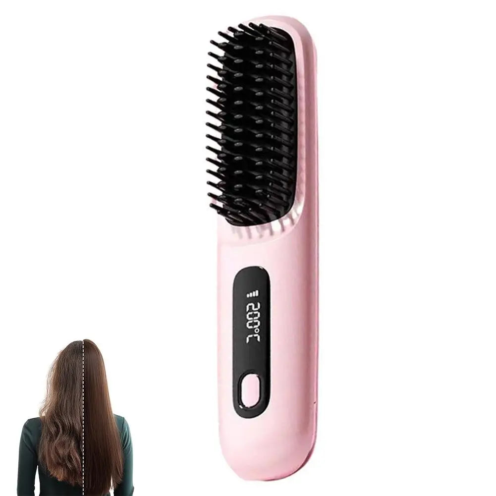 Cordless Hair Straightener Brush – Negative Ion USB Rechargeable Hair Straightener Brush Zpaxo Pink