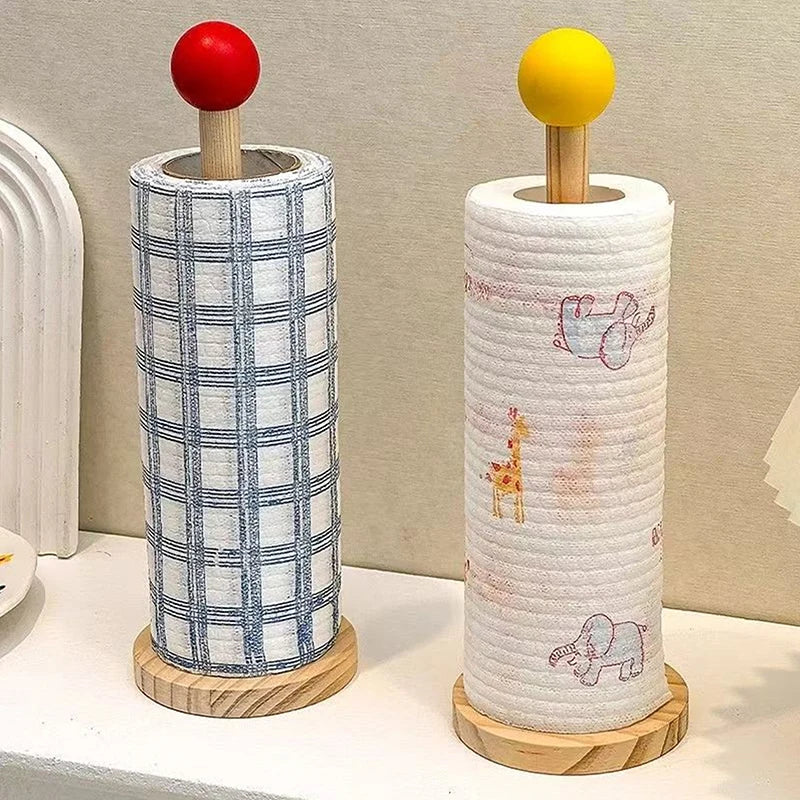 Kitchen Wooden Roll Paper Towel Holder Bathroom Tissue Vertical Stand