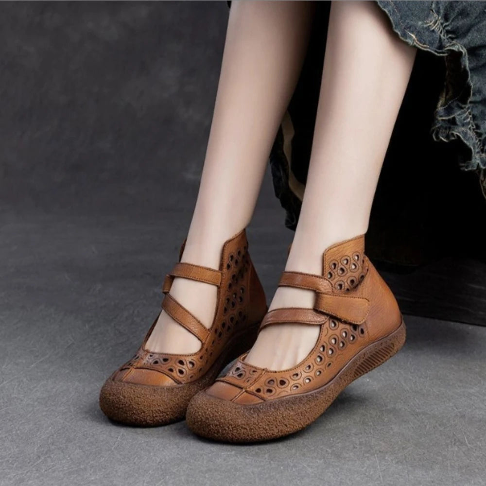 2025 Summer Retro Handmade Women's Shoes Genuine Leather Soft Bottom Mom Sandals Cowhide Hollow Out Casual Sandal Boots Zpaxo