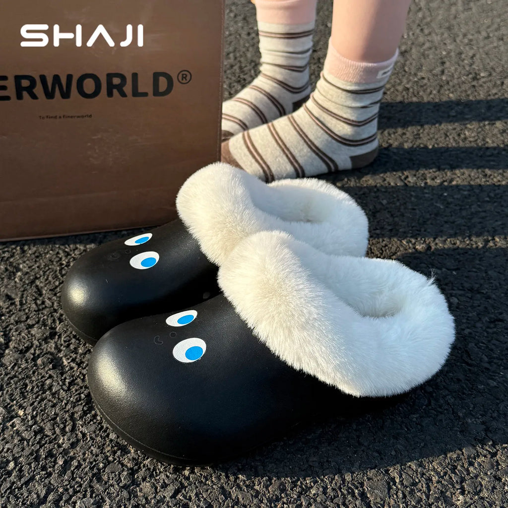 SHAJI Women 2026 Smiley Face Waterproof Winter Slippers Closed Back