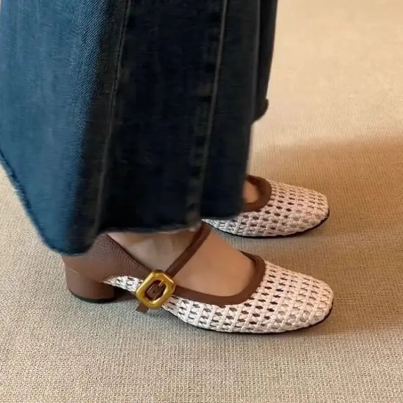 Vintage Leather Square Toe Woven Hollow-out Mary Jane Shoes Women's