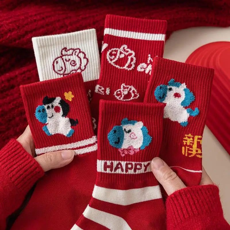 Cute Cartoon Zodiac Year Horse Autumn Winter Warm Mid-tube Socks Red Zpaxo