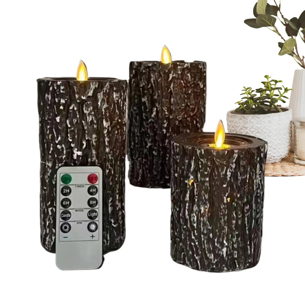 Flameless Candles Remote 3 Flickering Tree Stump LED Decor Timer