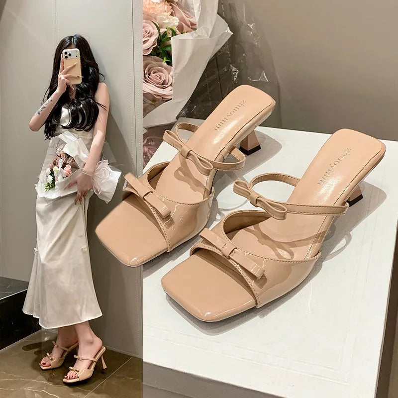 Beautiful Butterfly Knot Line Heels Slippers Summer Pointed Fine Open