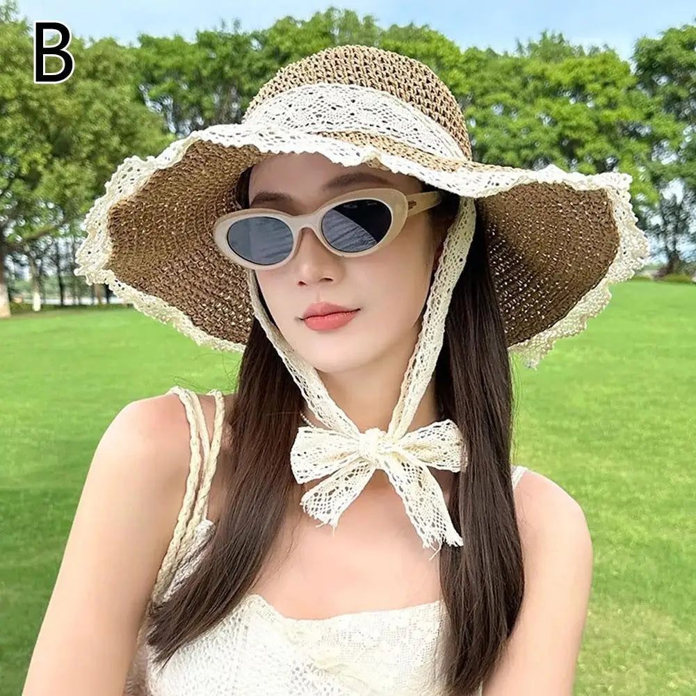 Women's Wide Brim Straw Sun Hat – Lace Beach UV Protection Women's Sun Hat Zpaxo B