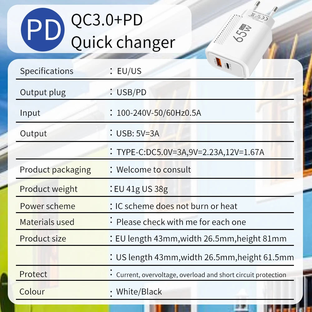 65W USB-C Charger GaN Fast Charging PD Type C Cable Mobile Phone Adapter For iPhone 16 Xiaomi Samsung Xiaomi QC 3.0 Wall Charger Zpaxo