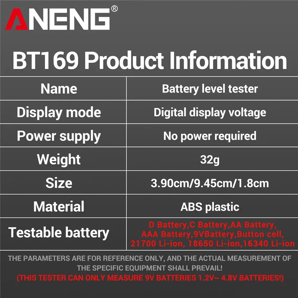ANENG BT169 Battery AA AAA C D 9V 1 5V Button Cell Measurement