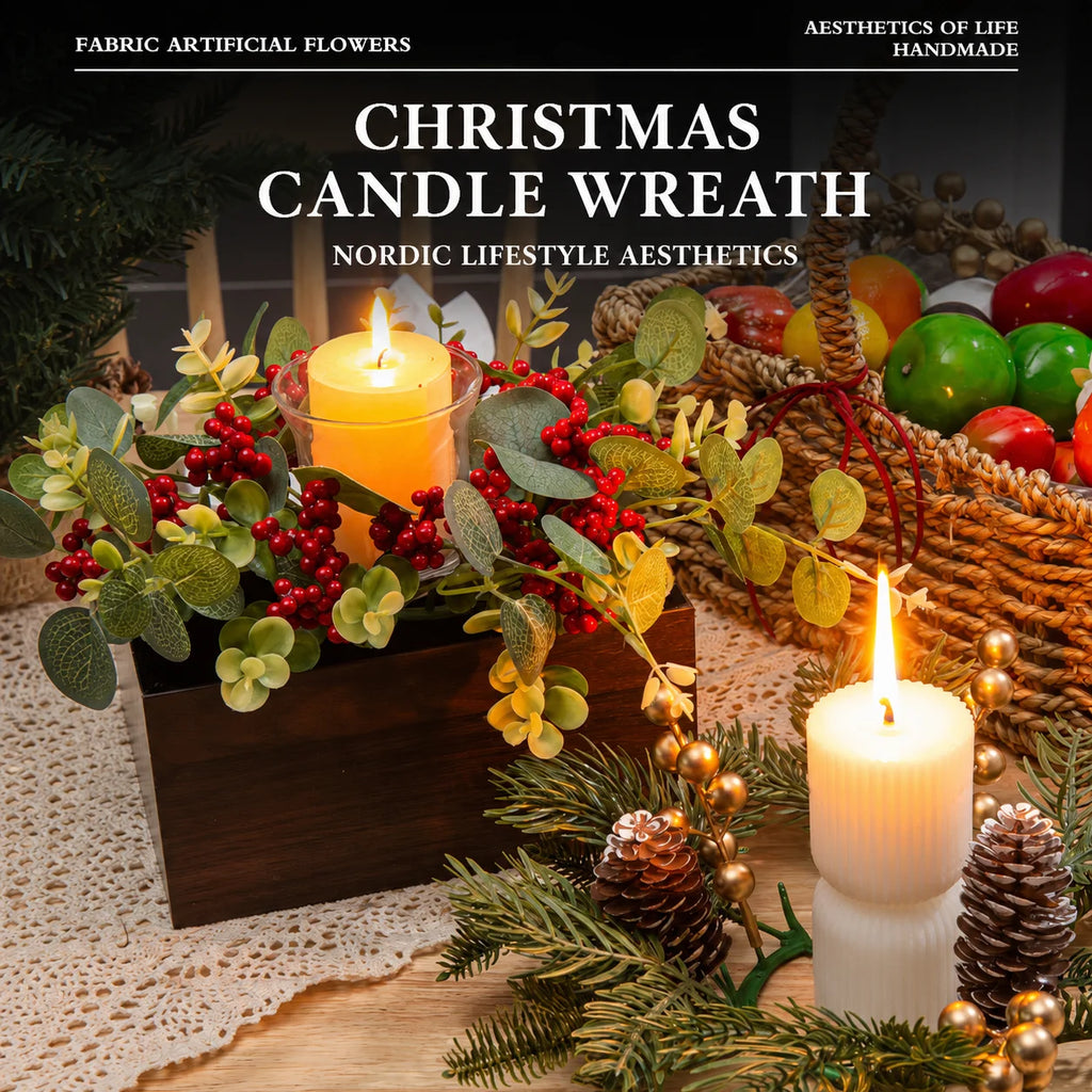 Christmas Candle Ring Wreath – Pine Cone, Holly & Red Berries