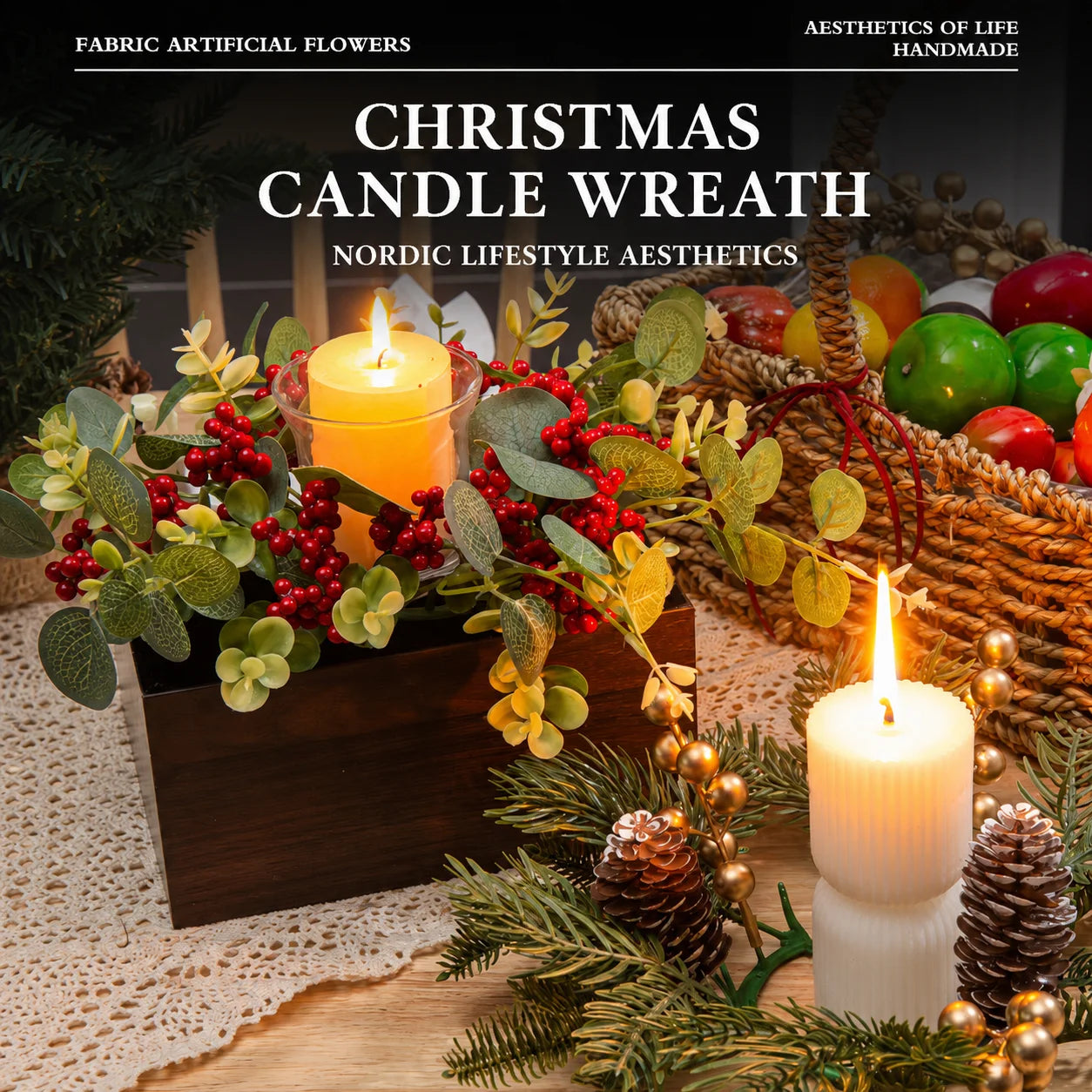 Christmas Candle Ring Wreath – Pine Cone, Holly & Red Berries