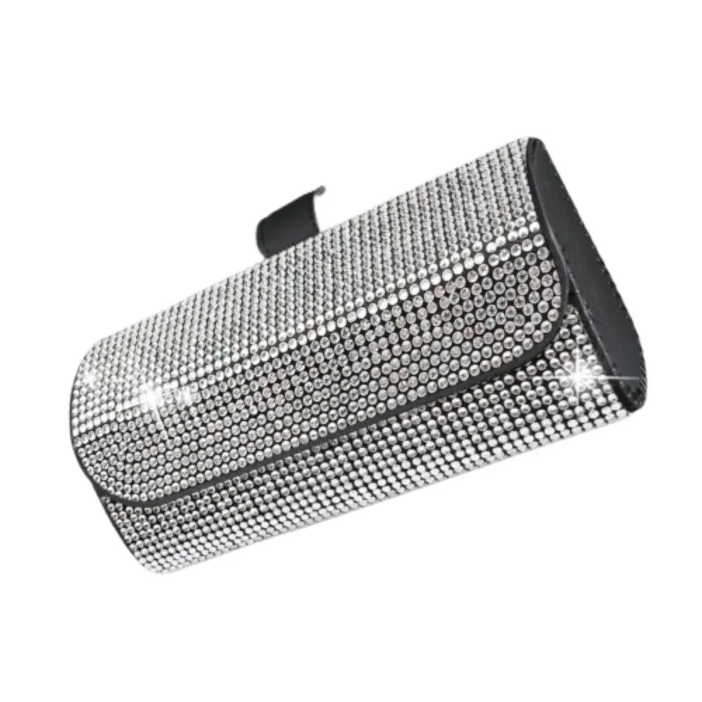 Portable Bling Sun Visor Glasses Case Rhinestone PU Leather Car Eyeglasses Holder Crystal Luxury Sunglasses Storage Box Vehicle Zpaxo White
