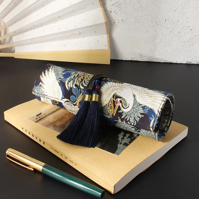 Japanese Retro Chinese Style Gold Foil Canvas Pen Case Student Minimalist Large Capacity Pencil Bag Zpaxo