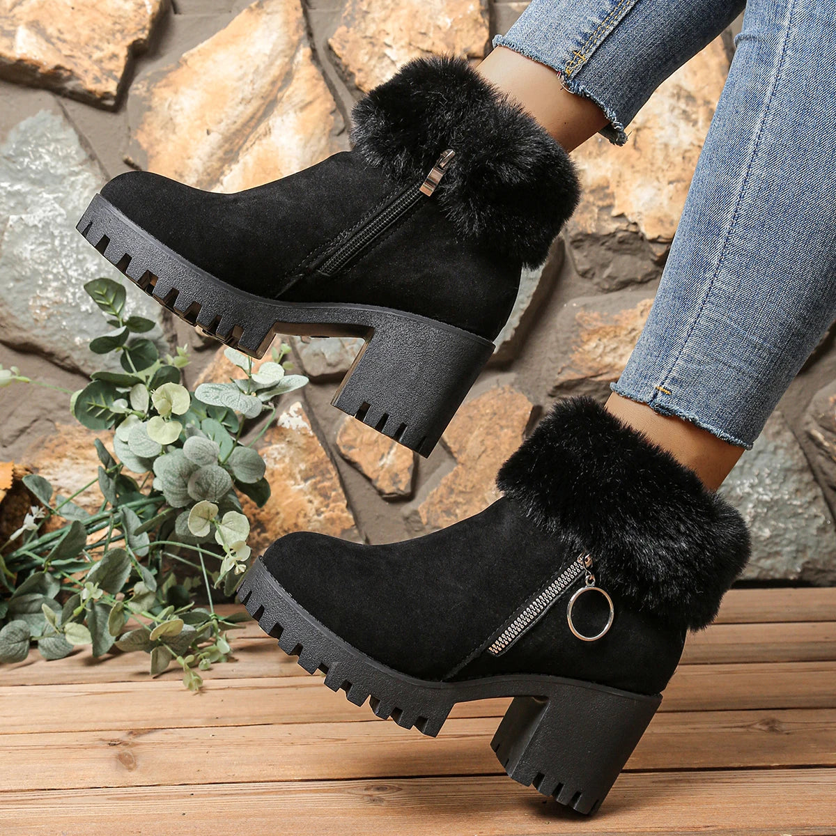 Winter Women Boots Chunky Platform High Heel Ankle Boots Women Non Slip Thick Bottom Snow Boots Comfortable Outdoor Shoes Women Zpaxo black 37