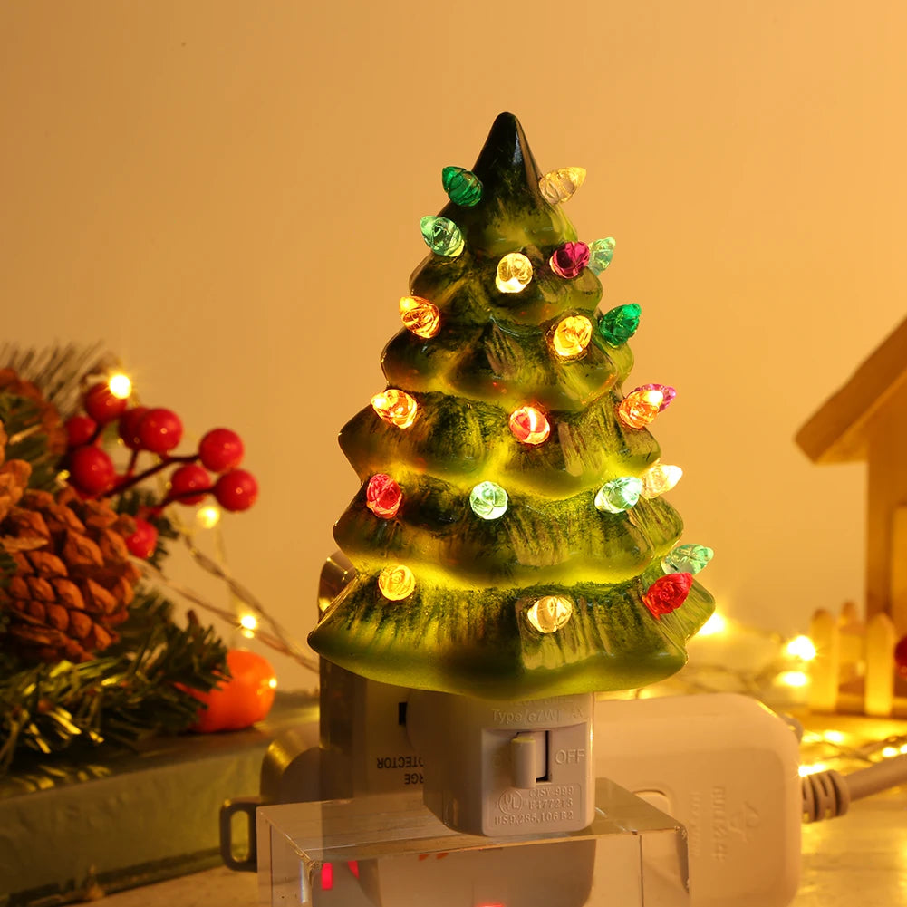 UK-Plug Resin Christmas Tree Night Light Vintage Christmas Tree Wall Plug in Night Light Decorative Tree Nightlight for Room Zpaxo