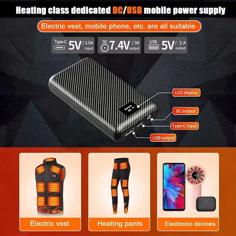 50000mAh PowerBank for Heating Vest Jacket Gloves Heated Auxiliary Battery DC7.4V Portable Powerbank Electric Heating Equipment Zpaxo