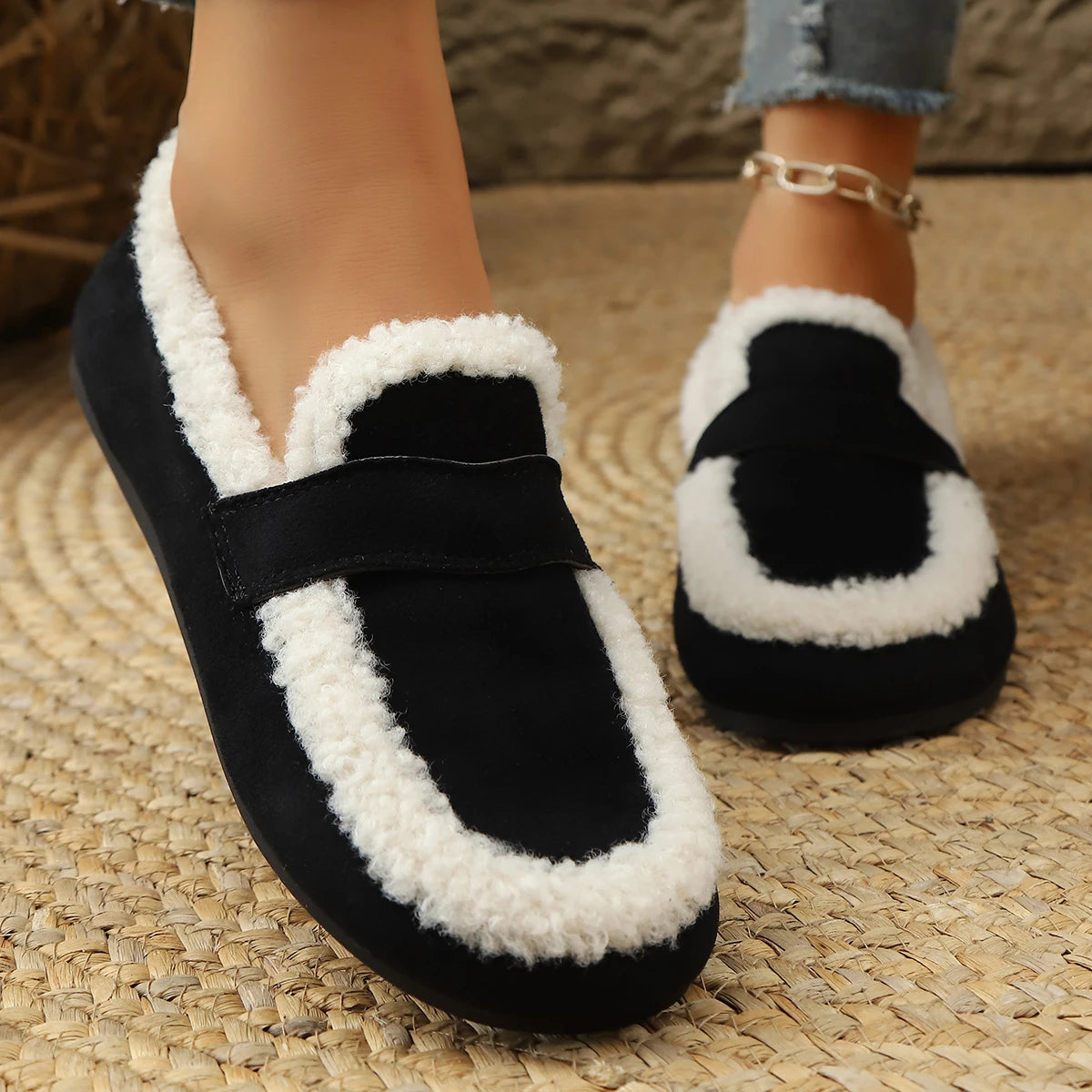 Women Ankle Boots 2025 New Winter Style Cotton Shoes Fur Flat Indoor Outdoor Shoes Thick Bottom Slip-On Home Snow Boots Women Zpaxo black 37
