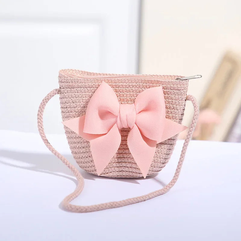 Cute Bow Straw Shoulder Bags Baby Girls Handmade Woven Crossbody Bag