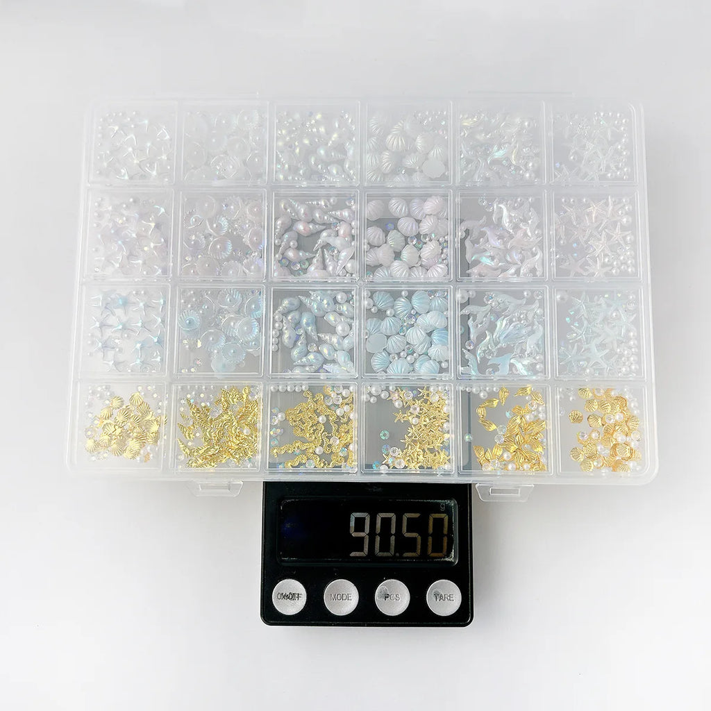 24 Grid Ocean Nail Art Accessories Iridescent Shell Starfish Pearl