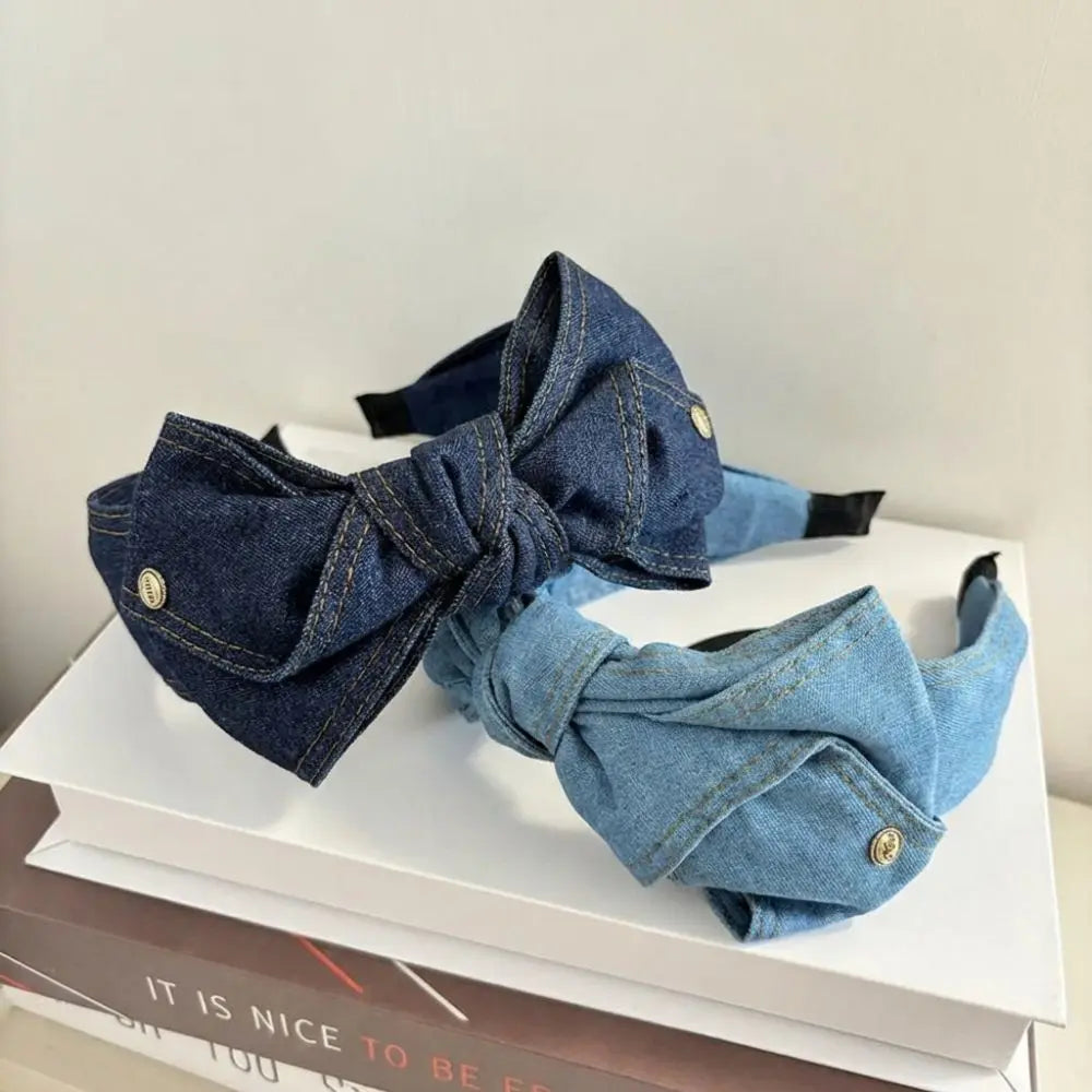 Light Luxury Denim Knotted Headband Anti-Slip Ins Bow Hairband Simple Wide-Brimmed Hair Hoop Women's Hair Accessories Zpaxo