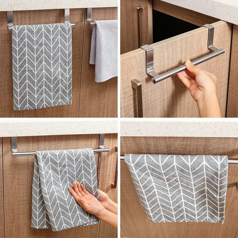Kitchen Cabinet Door Towel Bar Stainless Steel Door Back Towel Hanging Holder Bathroom Punch-free Towels Hooks Home Organizer Zpaxo