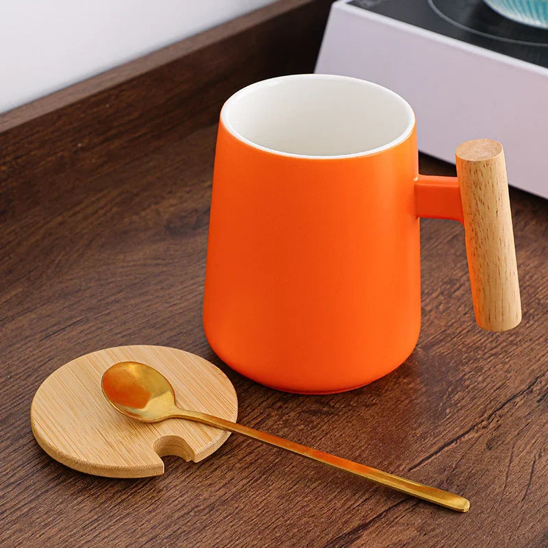 Hot Vintage Hot Selling Wooden Handle Ceramic Cup, Creative Mug, Cultural and Creative Coffee Cup with Lid Spoon Zpaxo 480ml Orange