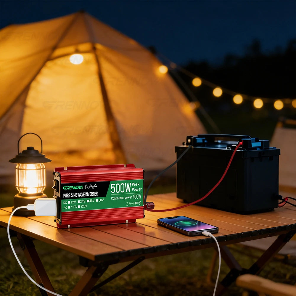 Pure Sine Wave Inverter 500W DC 12V/24V/48V/60V to AC 110V/220V Voltage Transformer Real Power 400W for Home Solar System Zpaxo