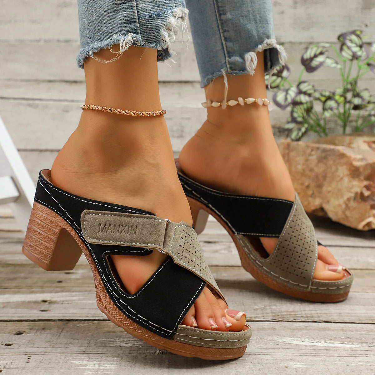 Summer Women High Heel Sandals Large Size Sandals Breathable Thick Heel High Heels Shoes Women Hollow Out Lightweight Shoes Zpaxo