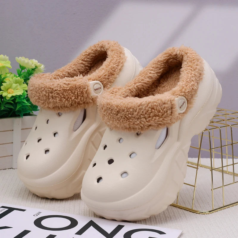 Plush Slippers 2025 Winter Men's Women's Thick Heels Soft-soled Beach