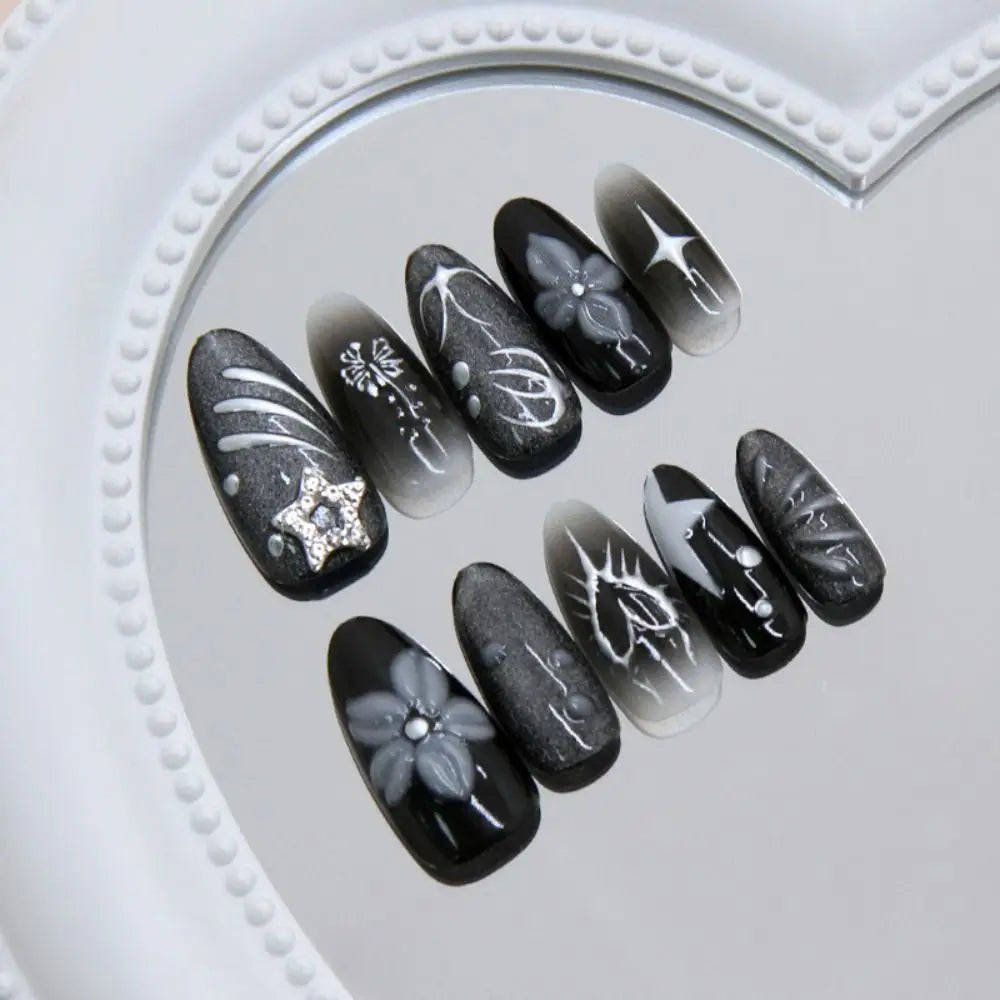 Manicure Long Almond False Nails French Flowers Heart-shaped Stripes Zpaxo