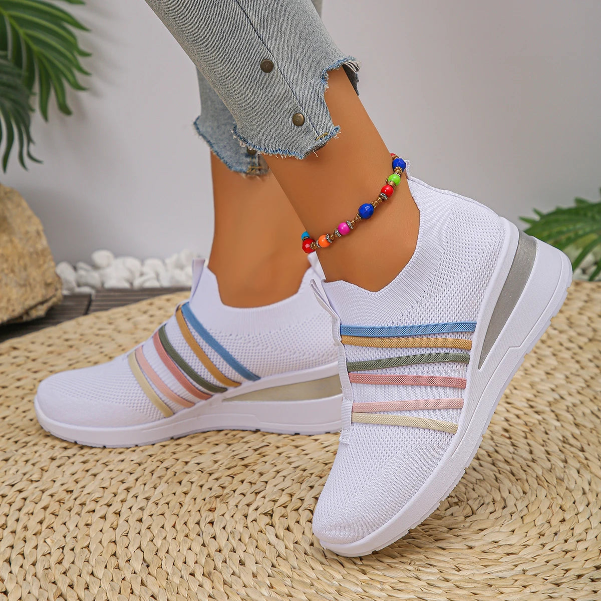 Women Mesh Shoes Summer Soft Bottom Slip Casual Woman Colorful Strap Zpaxo White 43
