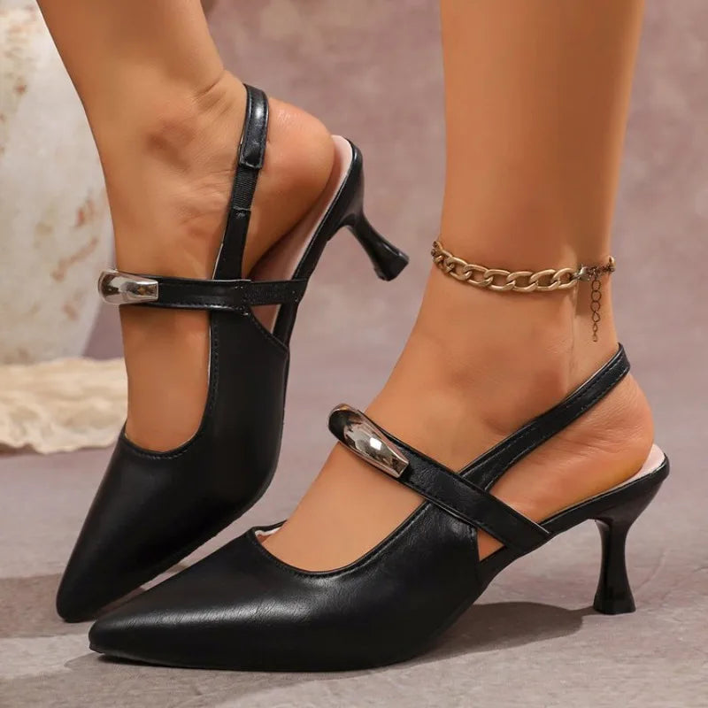 Women's Metal Decoration Stiletto Heel Shoes Elegant Pointed Toe Zpaxo 36 black