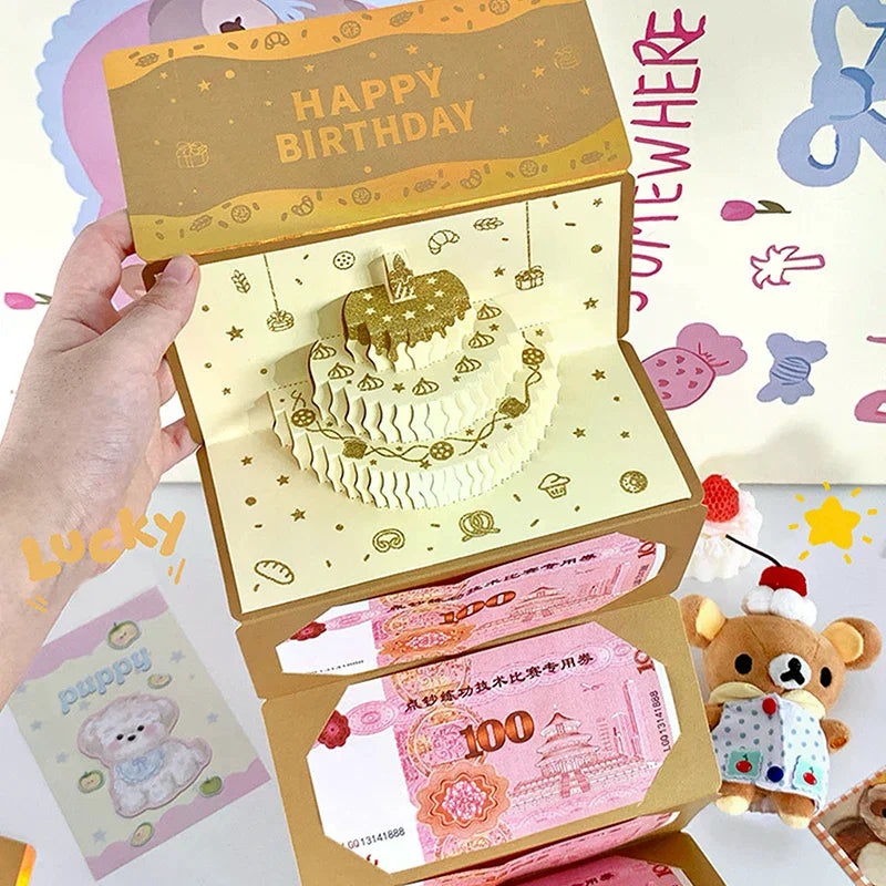 3D Birthday Red Envelope Greeting Card Foldable Multi-card Slot Zpaxo