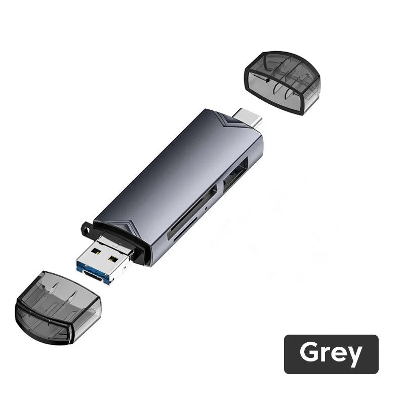 6 In 1 Multi-function USB 3.0 Card Reader U Disk Type-C/Micro USB/TF/SD Flash Drive Adapter Memory Card Reader Adapter Accessory Zpaxo Gray
