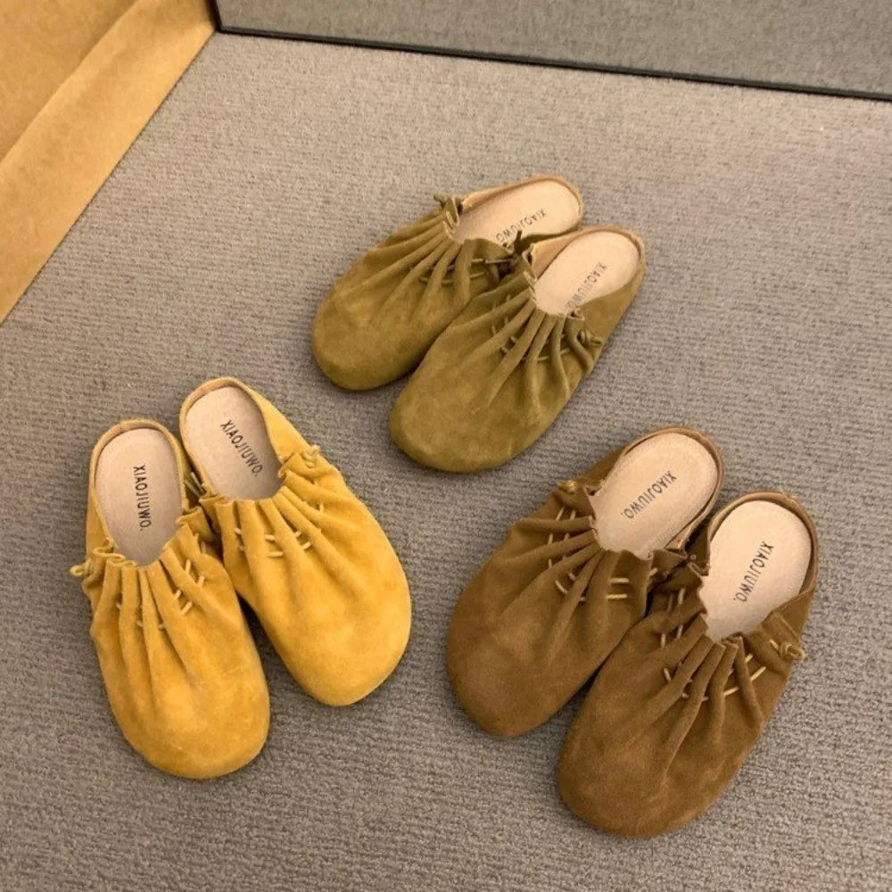 Women Flats Slippers Designer Pleated Casual Mules Shoes 2025 Spring