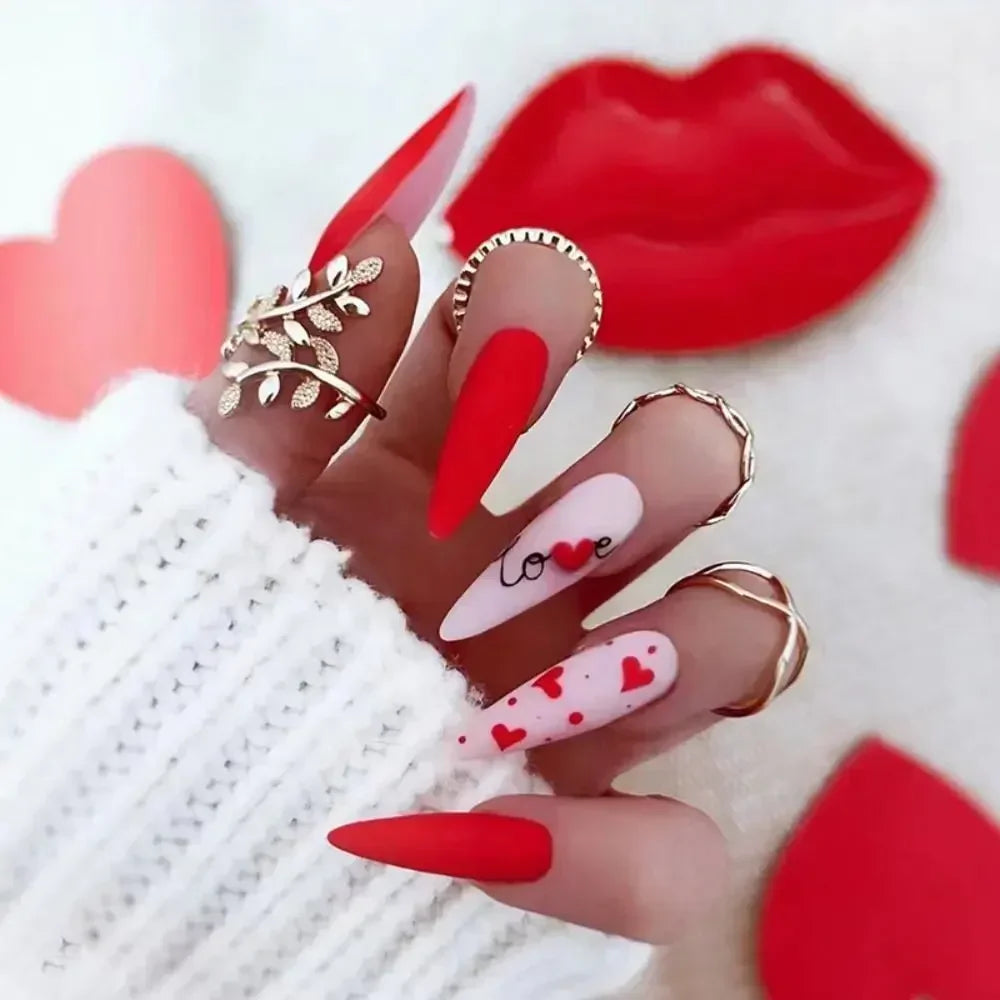 Long Almond False Nails French Leopard Star Press Fake DIY Manicure
