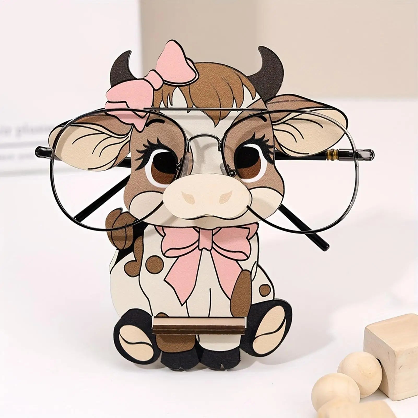 Cow Shape Glasses Holder Organizer Wooden Eyeglasses Stand Desk Decor