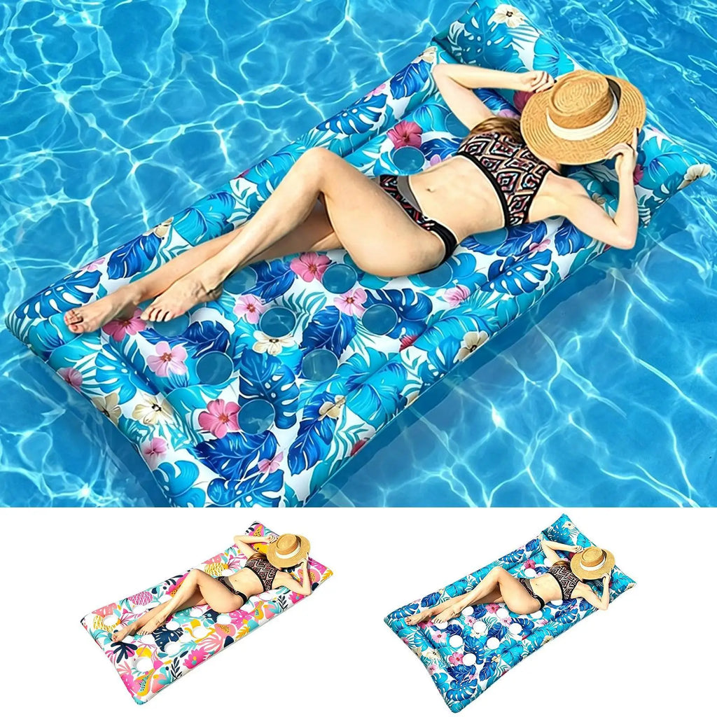 Inflatable Pool Bed Tropical Leaf Print Sunbathing Chair Headrest PVC Zpaxo