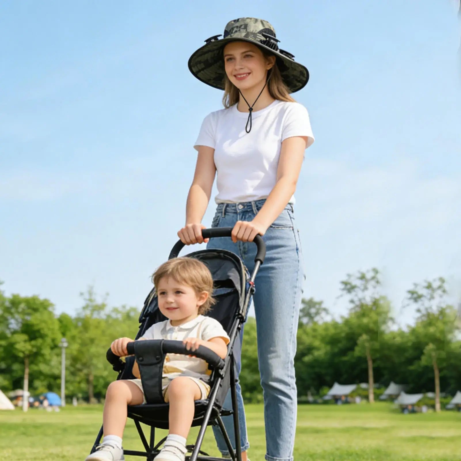 Large Quick Dry Bucket Hat Solar Powered Fan USB Charging Sun Men