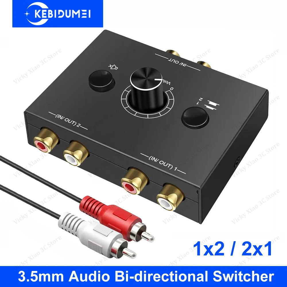 Bi-directional Audio Switcher RCA Adapter Mute Button 1 Out 2 Stereo