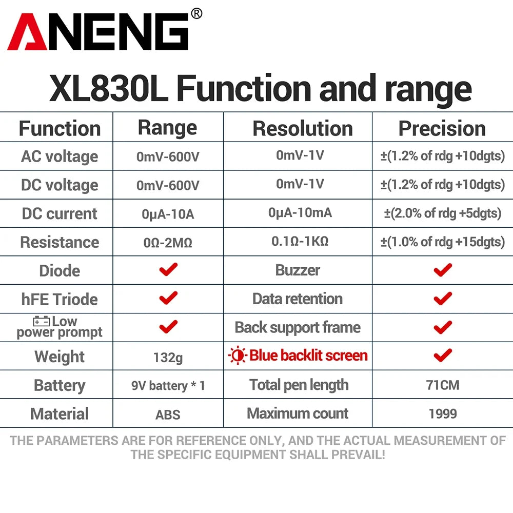 ANENG XL830L Multimeter Voltage Meter 1999 Counts Ammeter Ohm