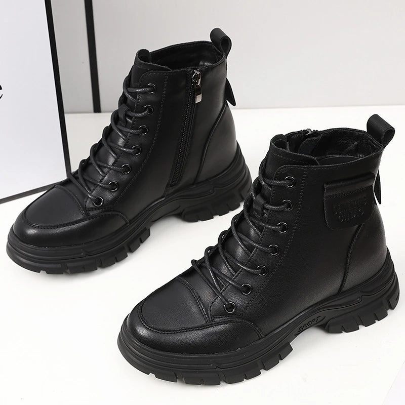 Black Leather Combat Boots Women 2026 Lace Up Side Zipper Round Toe Zpaxo