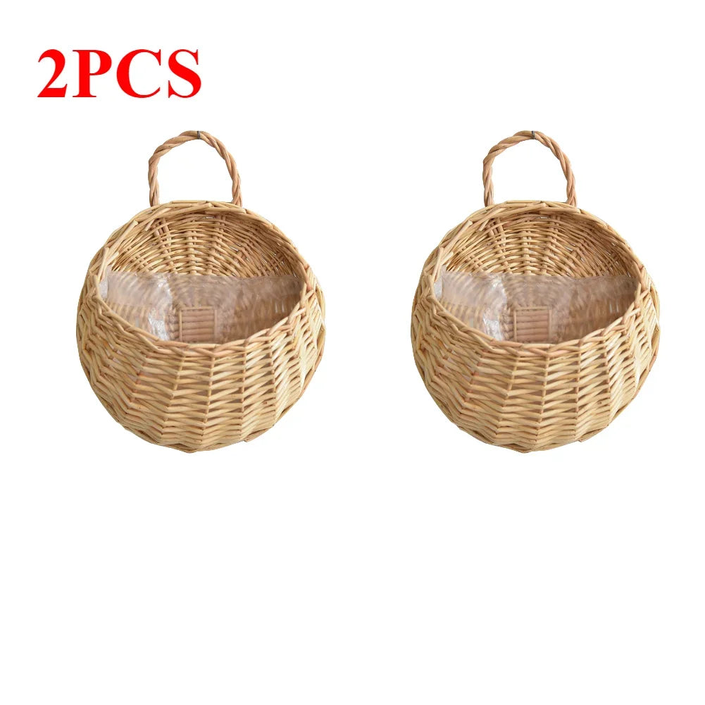 1/2pcs Handmade Woven Flower Basket Wall Hanging Wicker Rattan Garden Flower Pot Plant Basket Flower Vase Garden Balcony Decor Zpaxo 2PCS A