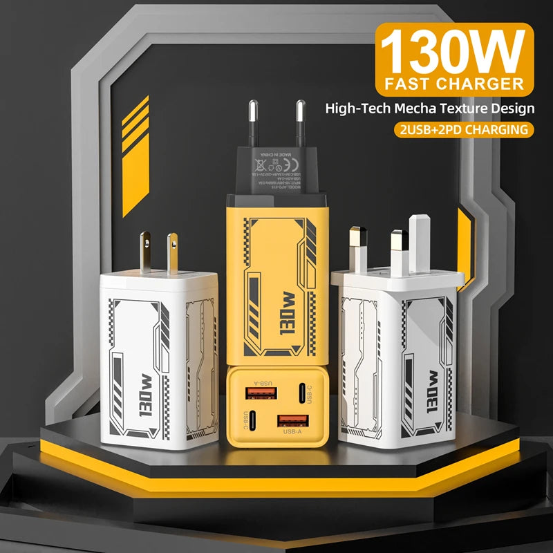 130W 4 Ports 2USB+2PD Gan Charger Quick Charge EU US UK USB-C QC 3 0