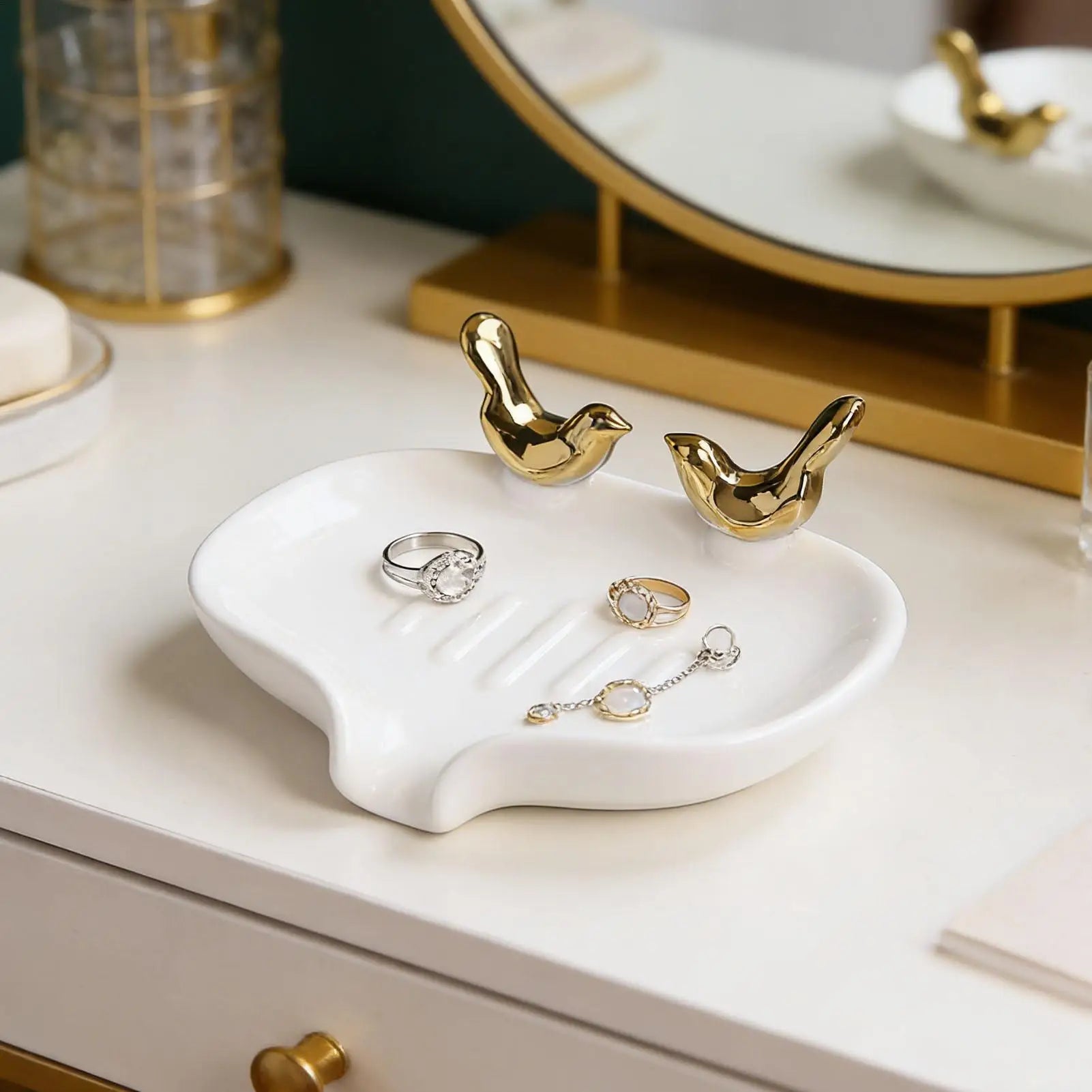 Bird Design Ceramic Soap Dish Self Draining Holder Modern Sink Tray