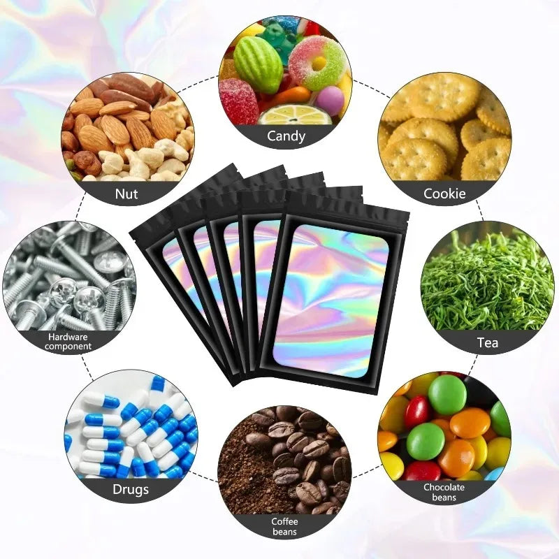100PCS Holographic Bag Laser Pattern Self Sealing Bag Candy Pouch Resealable Necklace Jewelry Gift Packaging Kitchen Storage Bag Zpaxo