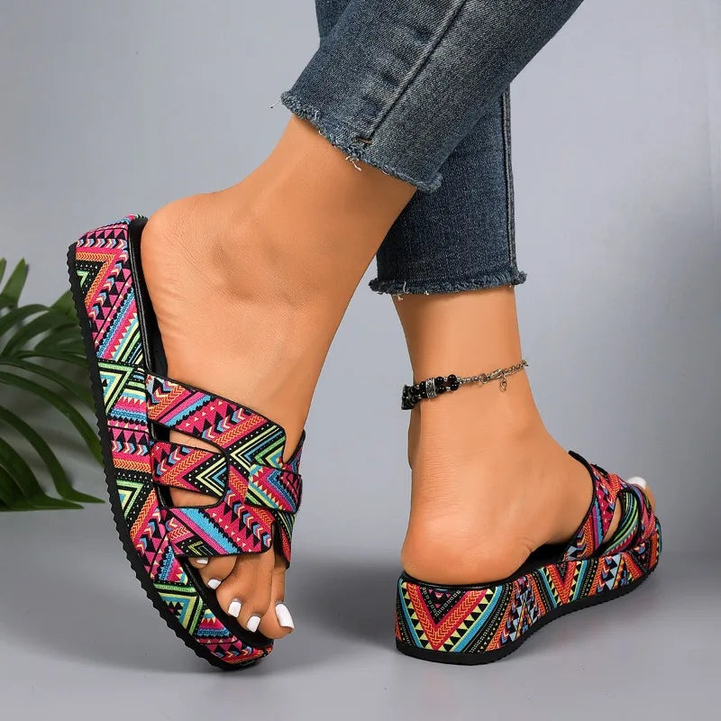 Summer Women's Open Toe Colorful Printed Platform Slippers Zpaxo