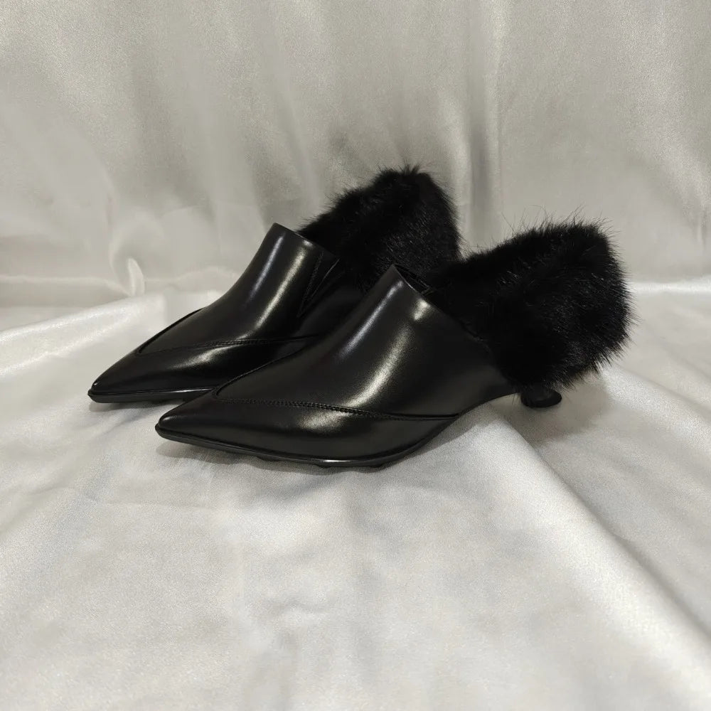 Fur Women Luxury Heeled Shoes Pointed Toe Fashion Dress Pumps Autumn