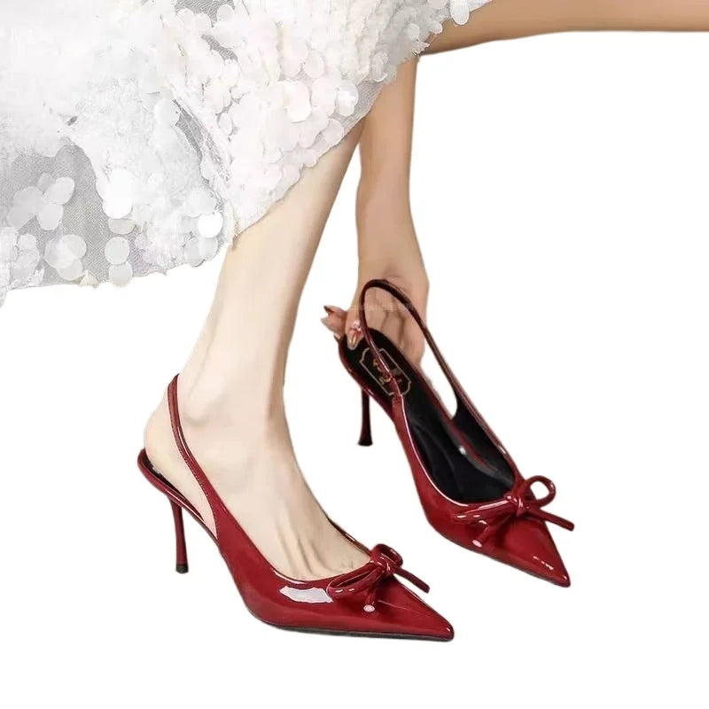 Fashion Women's High Heels Sandals Red Sexy Bow Ankle Belt Women's Pointed Wedding Party 2025 Prom Women's Shoes Large Size Zpaxo