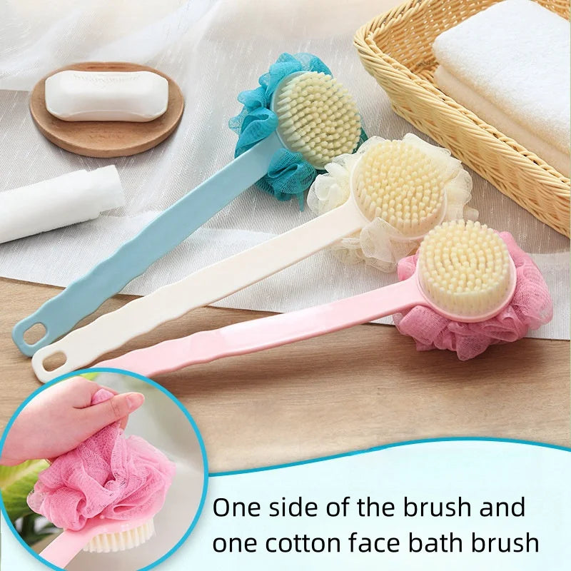 Dual-purpose long-handled bath brush with soft bristles for home use, with bath flower, for scrubbing back during bath Zpaxo