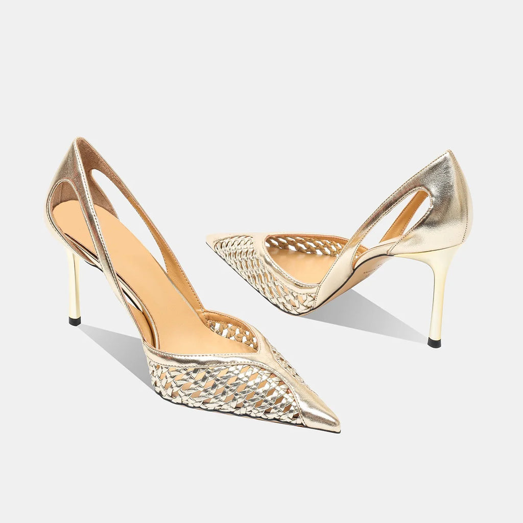 Women Pumps Fashion Hollow Weaving Shoes Pointed Tip Heels Stiletto Zpaxo